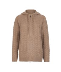 Beige hoodie med dragkedja, som har ett texturerat kabelstickat mönster, dragsnören, långa ärmar samt ribbad nederkant och muddar. Mjukt material som liknar ull.