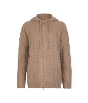 Beige hoodie med dragkedja, som har ett texturerat kabelstickat mönster, dragsnören, långa ärmar samt ribbad nederkant och muddar. Mjukt material som liknar ull.
