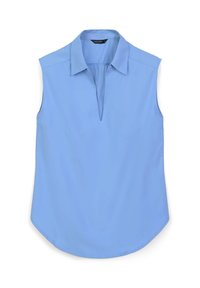 Blusa senza maniche di colore blu chiaro con colletto e scollatura a V, caratterizzata da una texture liscia e un orlo arrotondato. Etichetta visibile all'interno del colletto.
