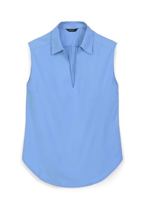 Blouse sans manches bleu clair avec un col et un décolleté en V, présentant une texture lisse et un ourlet arrondi. Étiquette visible à l'intérieur du col.