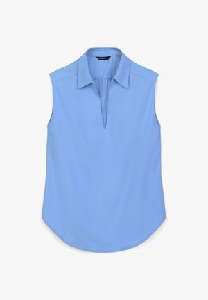 Blusa senza maniche di colore blu chiaro con colletto e scollatura a V, caratterizzata da una texture liscia e un orlo arrotondato. Etichetta visibile all'interno del colletto.