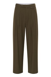 Olive green, high-waisted trousers with pleats, a straight-leg design, two front pockets, and button closures for fastening.