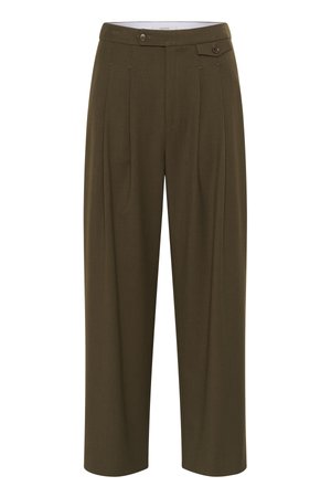 Olive green, high-waisted trousers with pleats, a straight-leg design, two front pockets, and button closures for fastening.