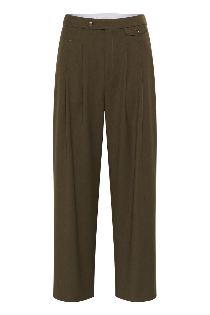 Olive green, high-waisted trousers with pleats, a straight-leg design, two front pockets, and button closures for fastening.