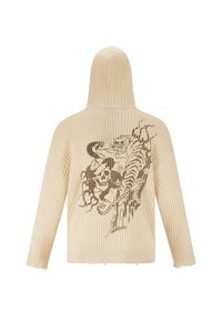 Cremfarbener, mit Kapuze versehener Rippstrickpullover mit einem grafischen Design, das einen Tiger, eine Schlange und einen Schädel auf dem Rücken zeigt. Unregelmäßige Kanten und weicher Stoff.
