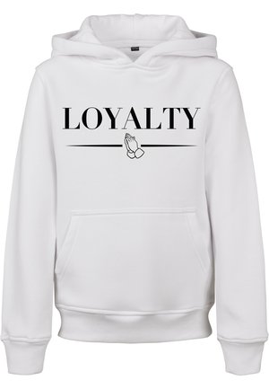 White hooded sweatshirt featuring the word "LOYALTY" in bold black font and a graphic of hands together, with a front pocket and ribbed cuffs.