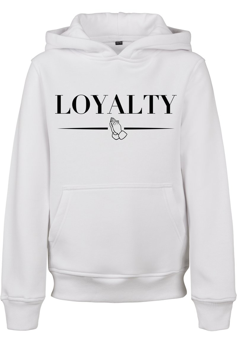 Vit huvtröja med ordet "LOYALTY" i fet svart text och en grafisk bild av händer som hålls ihop, med en ficka fram och ribbade mudd armar.