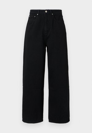 Schwarze Baumwoll-Hosen mit weitem Bein, hoher Taille, Fronttaschen, silberfarbenem Knopf und sauberem Saum.