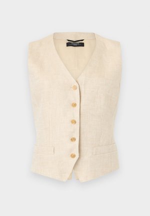 Μπεζ λινό αμάνικο γιλέκο με πέντε ξύλινα κουμπιά στο μπροστινό μέρος και δύο μικρές μπροστινές τσέπες, εφαρμοστή γραμμή με V λαιμόκοψη.
