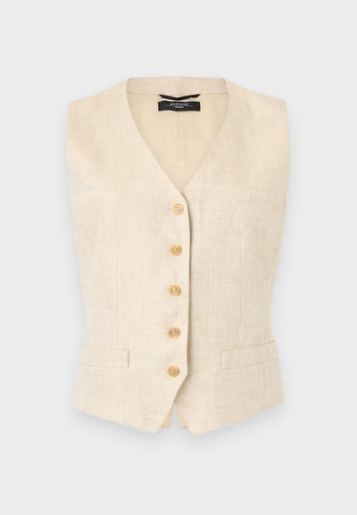 Μπεζ λινό αμάνικο γιλέκο με πέντε ξύλινα κουμπιά στο μπροστινό μέρος και δύο μικρές μπροστινές τσέπες, εφαρμοστή γραμμή με V λαιμόκοψη.