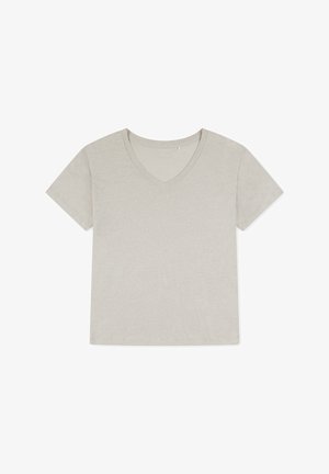 Lichtgrijze, T-shirt met korte mouwen en V-hals, gemaakt van zacht materiaal; casual pasvorm met een gladde textuur en zonder zichtbare patronen of accenten.