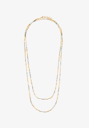 Naszyjnik warstwowy ze złotych i srebrnych elementów z wydłużonymi prostokątnymi koralikami o fakturowanej powierzchni, tworzący elegancki, nowoczesny design.