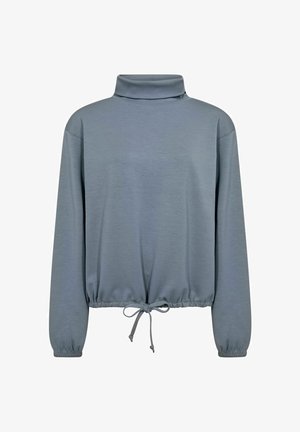 Ljusgrå pullovertröja med ståkrage, långa ärmar och en rynkad nederdel med dragsko för justering. Slät, mjuk textur.