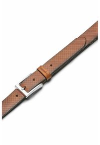 Brauner perforierter Leder-Gürtel mit silberner Metallschnalle und einem braunen Lederhalter. Verfügt über mehrere Einstelllöcher zur Größenanpassung.