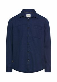 Granatowa koszula z długim rękawem, z kołnierzykiem zapinanym na guziki, pojedynczą kieszenią na piersi oraz zaokrąglonym dołem. Wykonana z teksturowanego, trwałego materiału.