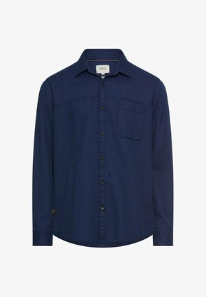 Donkerblauw overhemd met lange mouwen, een button-down kraag, een borstzakje en een afgeronde zoom. Gevoerd met een gestructureerde, duurzame stof.