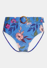 Blå høytlivsbikini-bunn med blomstermønster. Har en bred linning med en skjellspenne og tynne sidestriper.