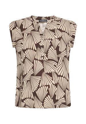 Blouse marron à manches courtes avec motifs abstraits en forme d'éventail beige et patte de boutonnage en V, marque Betty Barclay.