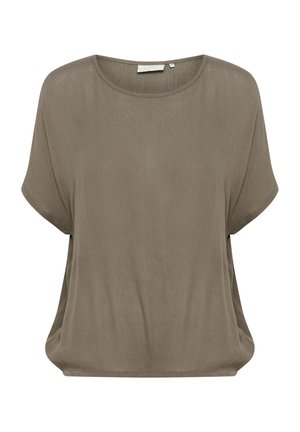 Lässig geschnittenes, kurzärmeliges Oberteil in Olivgrün. Leichter, weicher Stoff mit rundem Halsausschnitt und abgerundetem Saum, der eine subtile Textur aufweist.