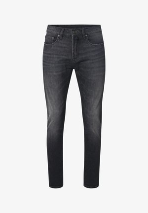 Schwarze Slim-Fit-Jeans mit fünf Taschen, Knopfverschluss und subtil verblasstem Muster an den Oberschenkeln und Knien.