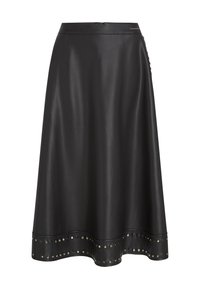 Fekete bőr szoknya, fitted derékkal és bővülő szegéllyel. Az alsó szélnél ezüst szegecsek találhatók, valamint egy diszkrét cipzár záródás.