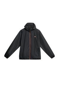 Chaqueta ligera negra con capucha, cremallera frontal completa, bolsillos laterales, puños elásticos y un pequeño logotipo de montaña en el pecho.