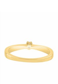 Zlati prstan z gladkim, poliranim trakom in majhnim diamantom na vrhu, z enostavnim geometričnim vzorcem.