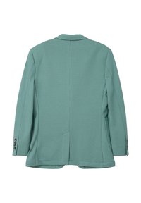 Tylny widok miętowo-zielonej marynarki o teksturowanej tkaninie, z klapami w kształcie notcha, dwiema kieszeniami po bokach i trzema guzikami na każdym rękawie.