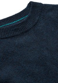 Marineblauer Wollpullover mit geripptem Rundhalsausschnitt. Verfügt über eine kontrastierende türkisfarbene Naht entlang der Kragenlinie. Weiche Textur mit einheitlichem Finish.