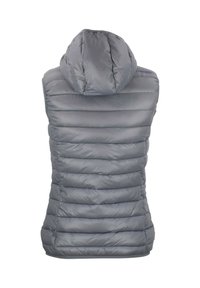 Gilet matelassé sans manches gris avec capuche, vu de dos sur un fond blanc.