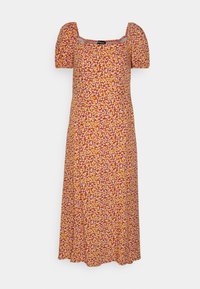 Robe midi florale avec un décolleté carré et des manches bouffantes. Fleurs jaunes, orange et roses sur un fond rouge. Tissu léger.