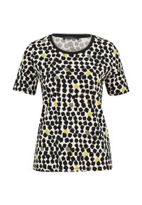 T-shirt à manches courtes en tissu léger, avec un motif léopard en noir, blanc, et des accents de jaune et vert.