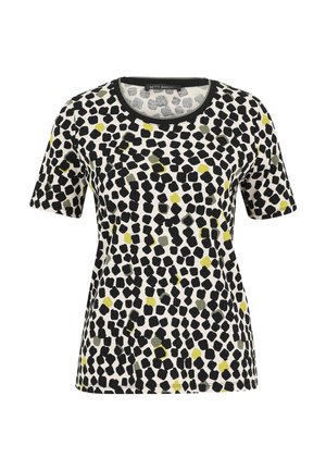 Korte mouwen T-shirt van lichtgewicht stof, met een luipaardprint in zwart, wit en accenten van geel en groen.