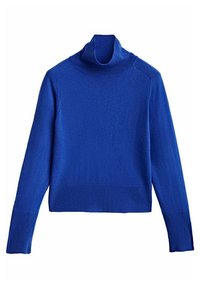 Pull à col roulé en maille bleue avec manches longues, poignets côtelés et ourlet court. Texture lisse, coutures minimales et design uni.