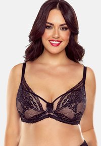 Schwarzer Spitzen-BH mit transparenten Cups, floralem Muster, verstellbaren Trägern und einer kleinen Satinschleife in der Mitte. Weicher Stoff und minimalistisches Design.