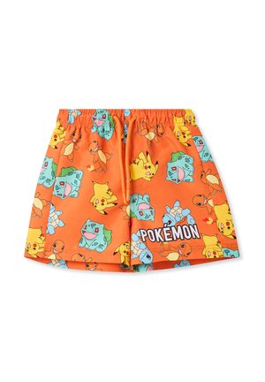 Pantaloni da bagno arancioni con vari personaggi Pokémon, cintura elastica, chiusura con cordino e un bold dettaglio testuale "POKEMON".