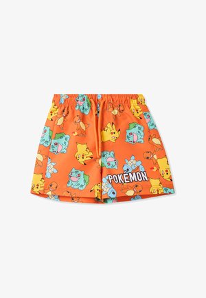 Pantaloni da bagno arancioni con vari personaggi Pokémon, cintura elastica, chiusura con cordino e un bold dettaglio testuale "POKEMON".