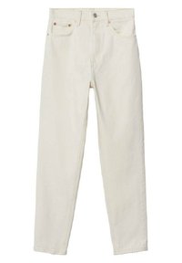 Jeans beige clair en denim de coton, avec une coupe droite, des coutures contrastantes, des poches avant et une fermeture à un bouton.