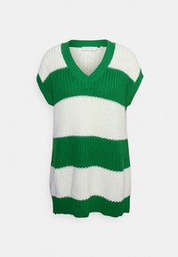 Zielono-biały sweter dzianinowy w paski, z krótkimi rękawami, dekoltem w kształcie litery V, teksturowana tkanina, luźny krój, szczegółowy ściągacz.