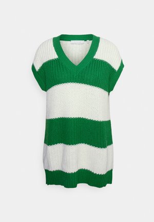 Groene en witte gestreepte gebreide trui, korte mouwen, V-hals ontwerpt, gestructureerde stof, los vallend, gedetailleerde ribbels aan de onderkant.