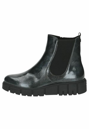 Black ankle boot with glossy finish, elastic side panels, and a thick, ridged sole. Features a pull tab at the back for easy wear.