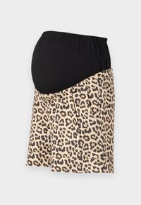 Shorts de maternité avec une ceinture élastique noire et un tissu imprimé léopard beige et noir. Comprend des plis et des poches sur les côtés.