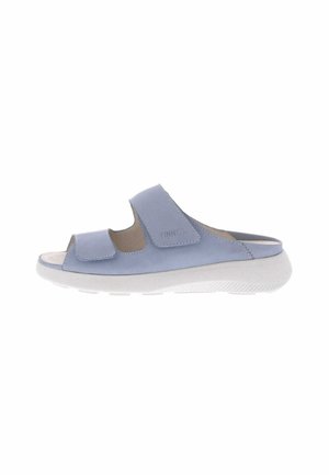 Open-toed sandals with a soft light blue leather upper, featuring two adjustable Velcro straps and a white rubber sole for support.