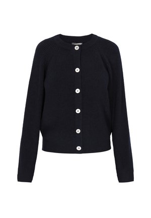 Sötét tengerészkék, hosszú ujjú kötött kardigán, kerek nyakkivágással és hat fehér gombbal az elején.