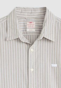 Camicia a righe nei toni beige e blu. Realizzata con un tessuto dalla texture liscia. Presenta un colletto button-down e una patch con logo bianco.