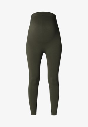Zwangere leggings in ribbed donkere olijfstof, hoge tailleband, full-length ontwerp, met een gladde textuur en aansluitende silhoeet.