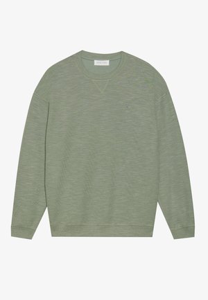 Green long-sleeve sweatshirt with a textured fabric, ribbed cuffs, V-neckline, and a small logo on the chest area.