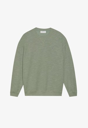 Zeleni dukserica dugih rukava s teksturiranom tkaninom, rebrastim manžetama, V-izrezom i malim logotipom na području prsa.