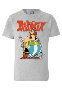 Szara bawełniana koszulka z kolorowym nadrukiem komiksowych postaci Asteriksa i Obeliksa z rysunkowym psem, promująca radosny design.