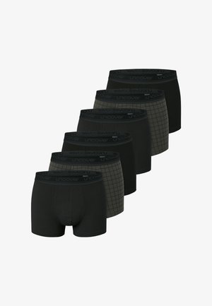 Zes zwarte boxershorts voor heren in verschillende texturen en patronen, met een tailleband met logo en een aangesloten pasvorm.
